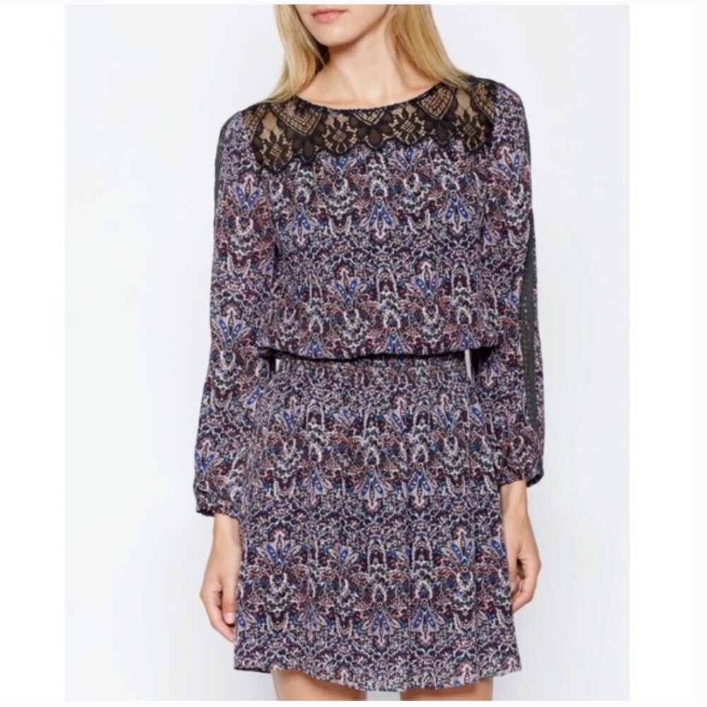 Joie Amedeo Silk Blouson Paisley Dress with Shirred Waist and Lace Yoke Size XS